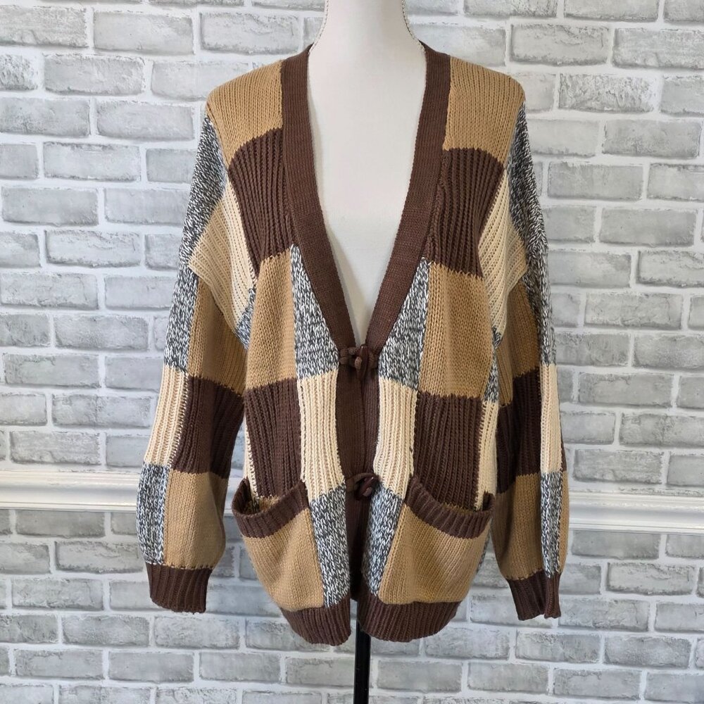 BKE Buckle Oversized Checkered Cardigan Knit Button Up L Cozy Earth Tones Casual